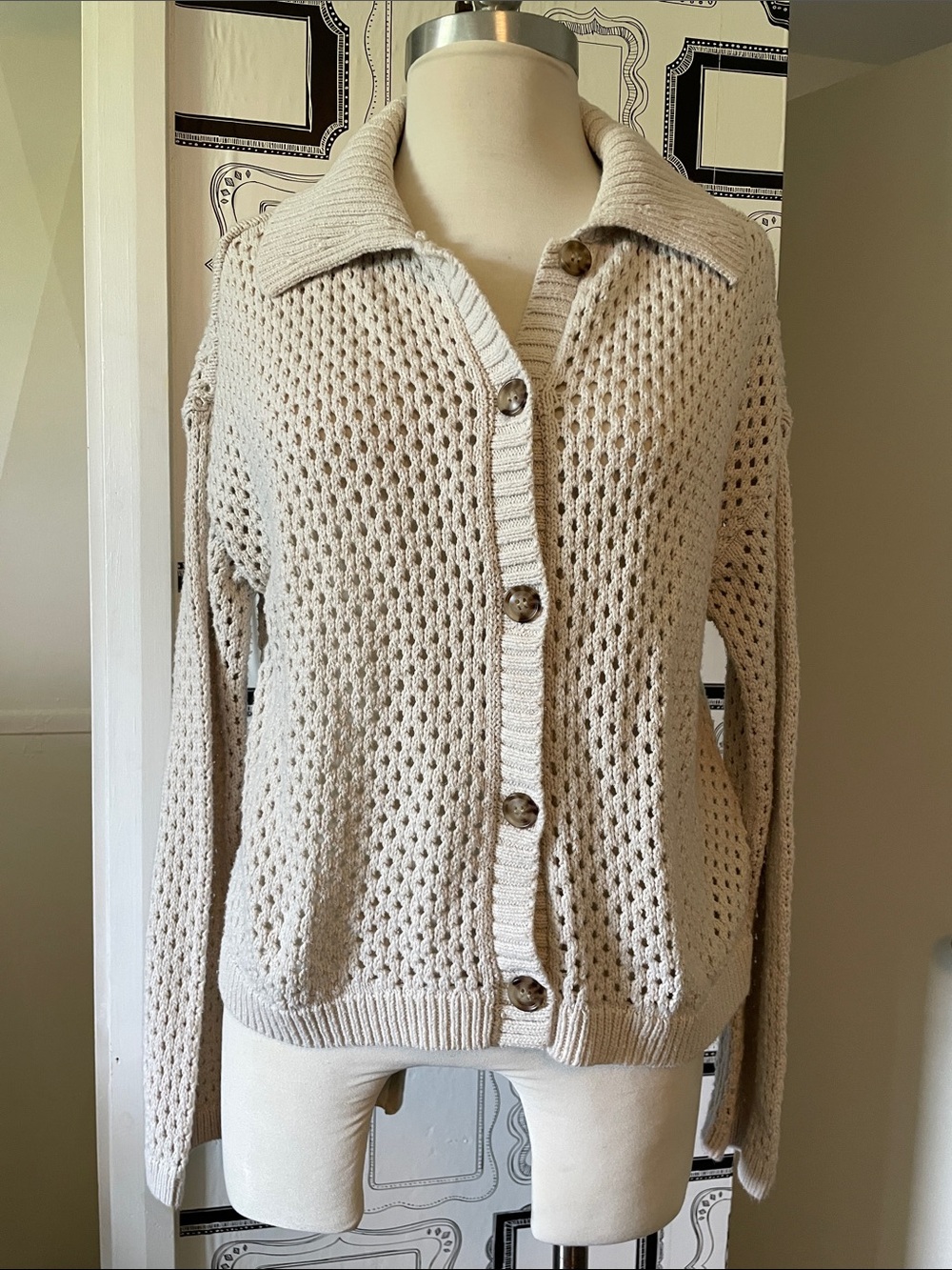 Maurices Beige Open-Knit Button Front Cardigan